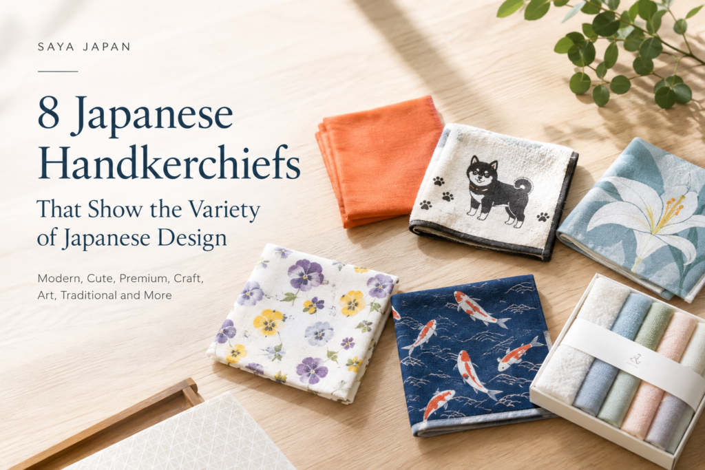 Several Japanese handkerchiefs from different brands laid out side by side
