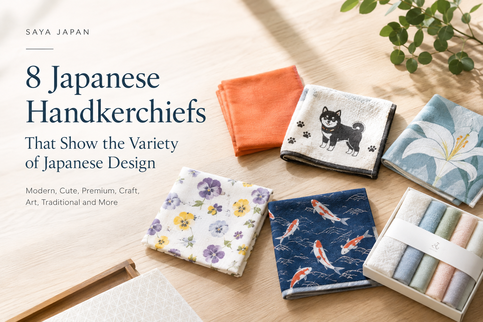 Several Japanese handkerchiefs from different brands laid out side by side